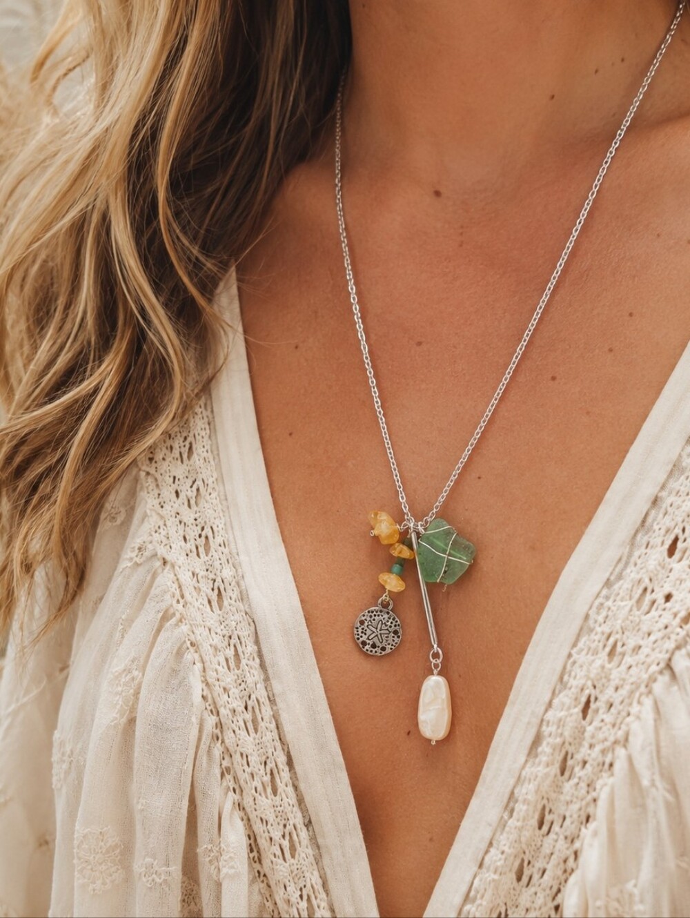 Handmade Dangling Costal Beach Glass x Sea Star x Seashell Charm Necklace